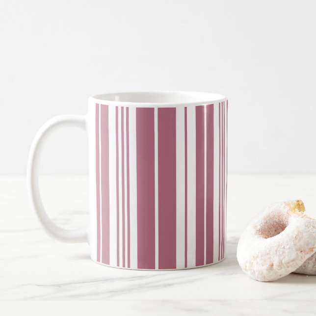 Pink White Vertical Stripes Pattern Coffee Mug (With Donut)