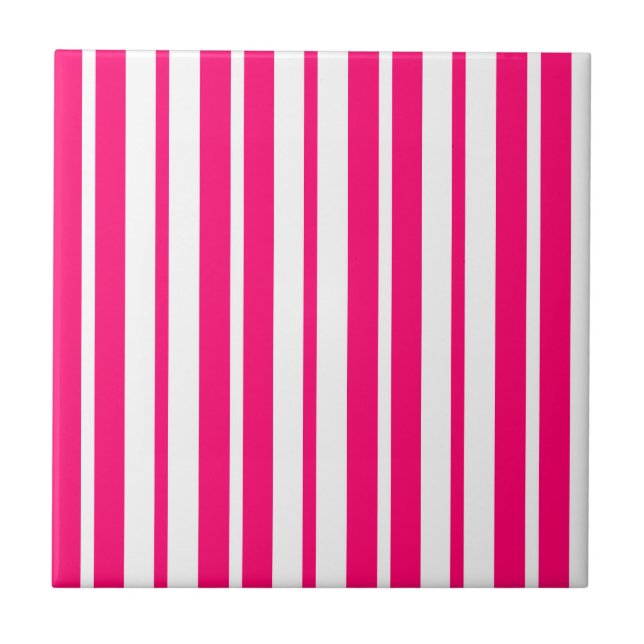 Pink White Vertical Stripes Pattern Design Ceramic Tile (Front)