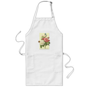 Pink White Vintage Botanical Roses Long Apron