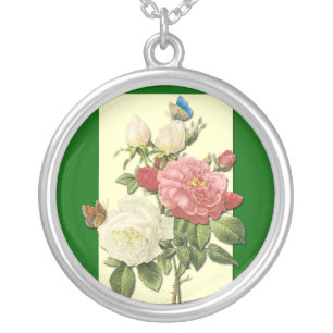 Pink White Vintage Botanical Roses Silver Plated Necklace