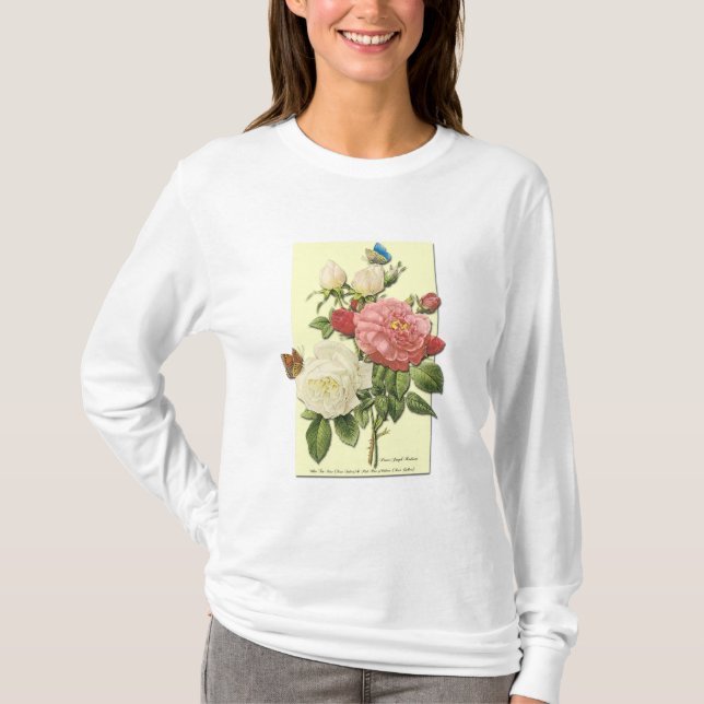 Pink White Vintage Botanical Roses T-Shirt (Front)