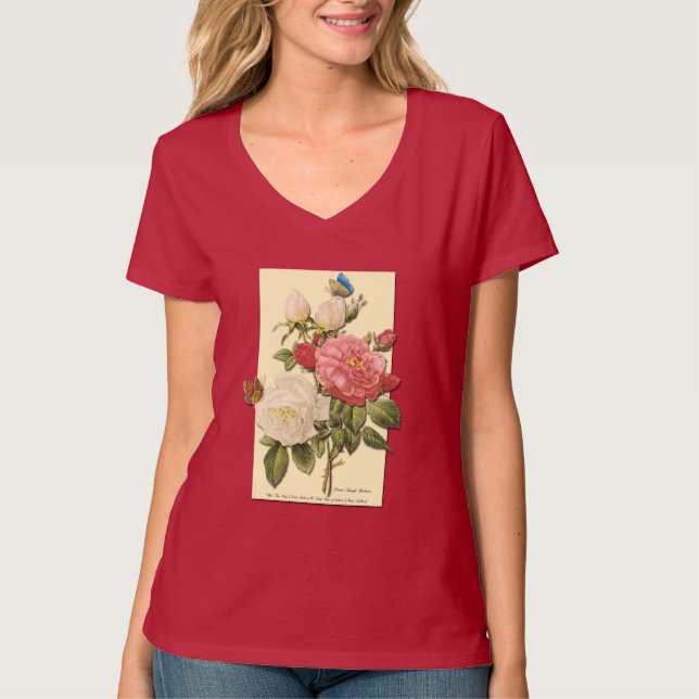 Pink White Vintage Botanical Roses TShirt (Front)