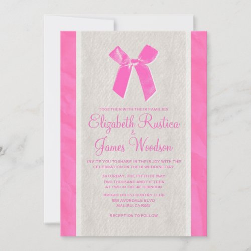 Pink &amp; White Vintage Bow Linen Wedding Invitations
