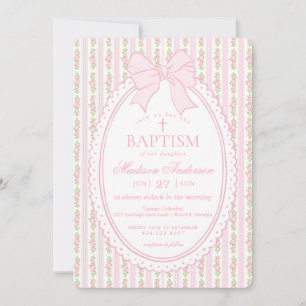 Pink & White Vintage Fancy Floral Baptism Invitation
