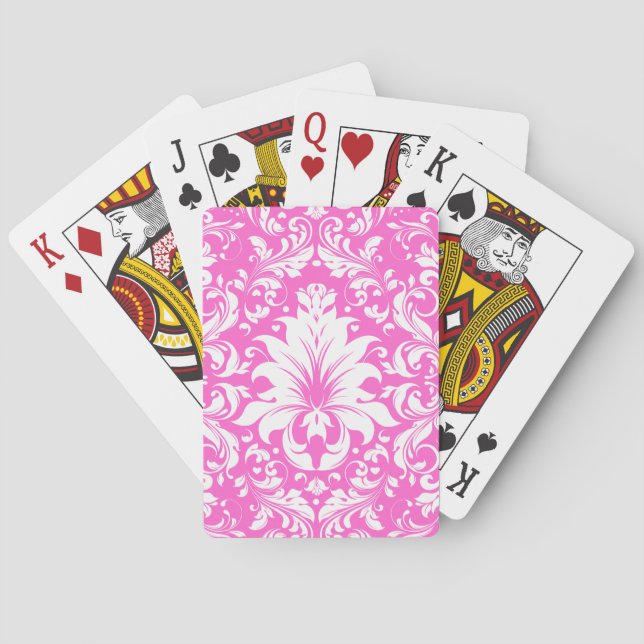 Pink & White Vintage Floral Damasks Poker Cards (Back)
