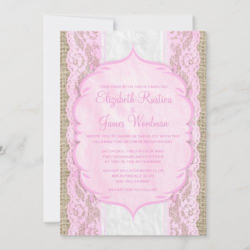 Pink White Vintage Linen Burlap Wedding Invitation