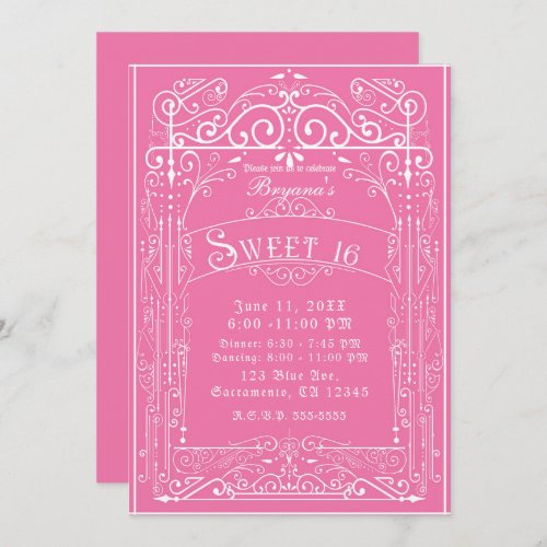 Pink  White Vintage Victorian Deco Sweet 16 Party Invitation