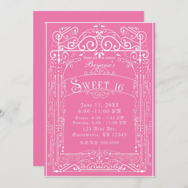 Pink & White Vintage Victorian Deco Sweet 16 Party Invitation (Front/Back)