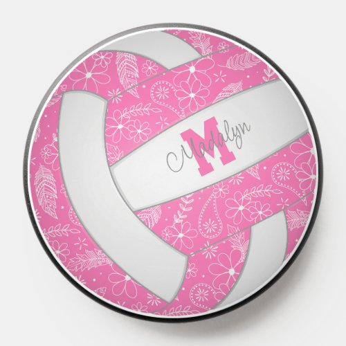 Pink white volleyball w boho feathers paislies PopSocket