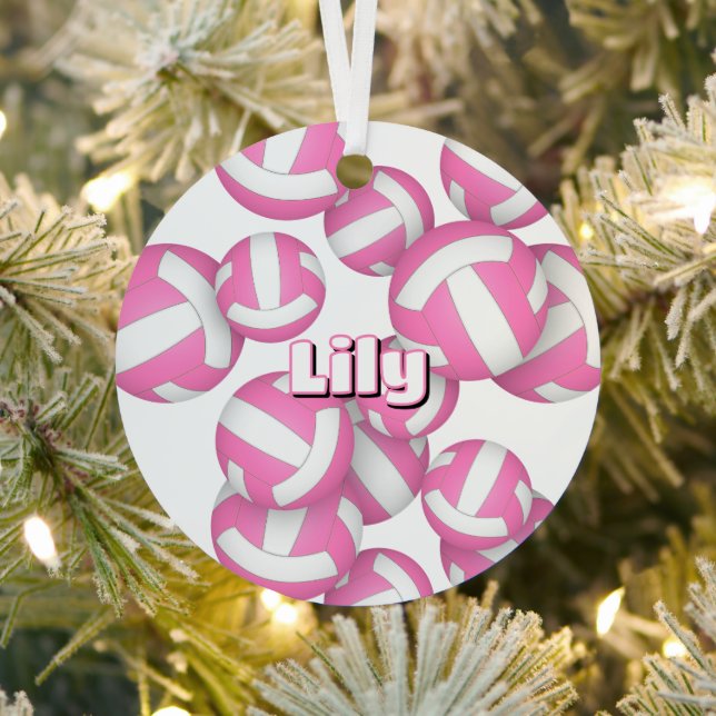 pink white volleyballs w athlete name keepsake metal ornament (Insitu)