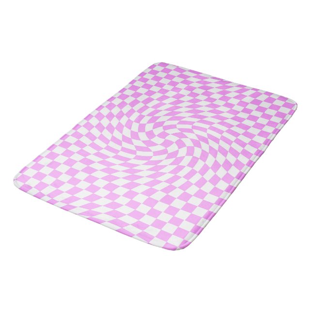 Pink & White Warped Checker Checkered Pattern   Bath Mat (Angled)