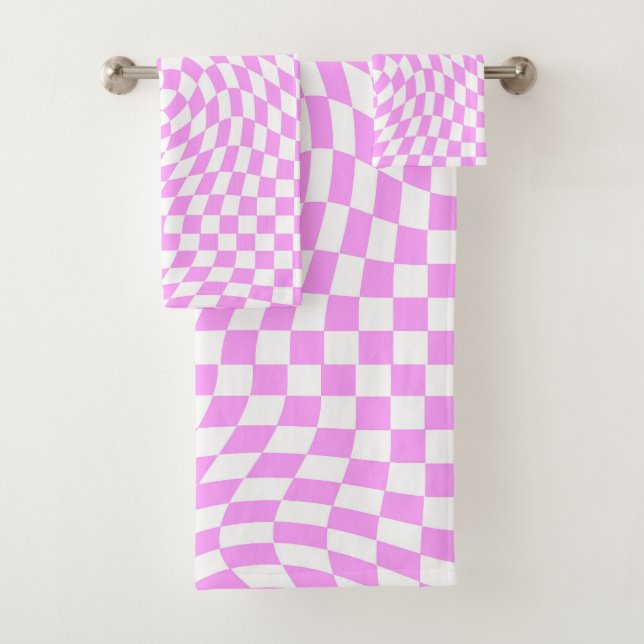 Pink & White Warped Checker Checkered Pattern   Bath Towel Set (Insitu)