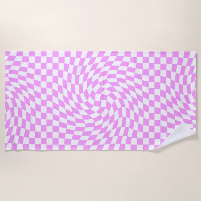 Pink & White Warped Checker Checkered Pattern   Beach Towel (Front)