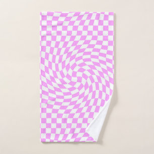 Pink & White Warped Checker Checkered Pattern   Hand Towel