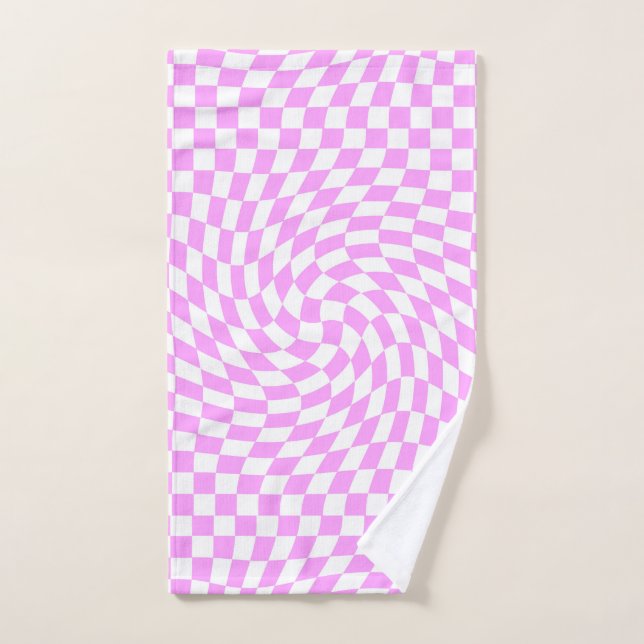 Pink & White Warped Checker Checkered Pattern   Hand Towel (Hand Towel)