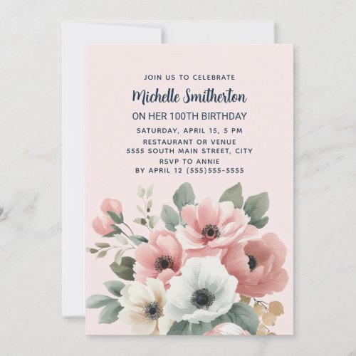  Pink White Watercolor Floral 100th Birthday  Invitation