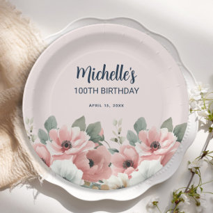 Pink White Watercolor Floral 100th Birthday  Paper Plates