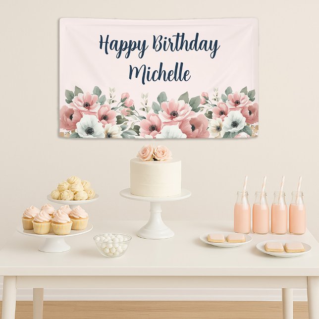  Pink White Watercolor Floral Happy Birthday  Banner (Elegant pink and white watercolor floral "Happy birthday" banner)