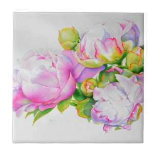 Pink white watercolor floral painting peonies rose tile