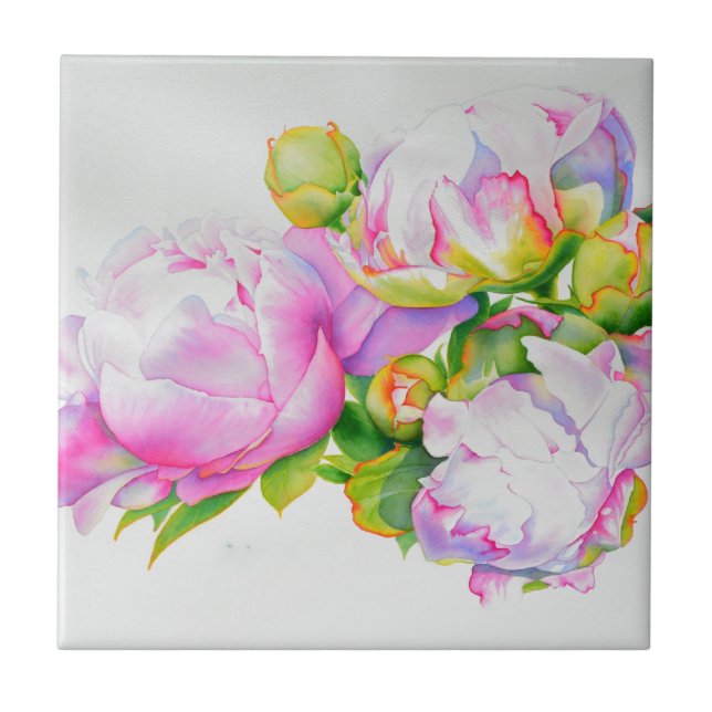 Pink white watercolor floral painting peonies rose tile (Front)