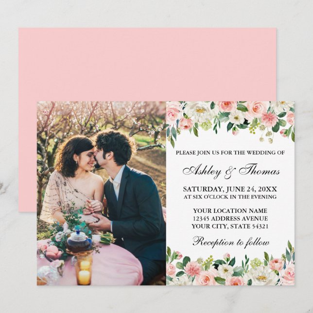 Pink White Watercolor Floral Photo Wedding Invitation (Front/Back)