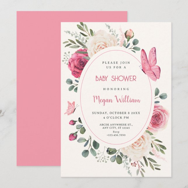 Pink white Watercolor Floral Roses baby shower Invitation (Front/Back)