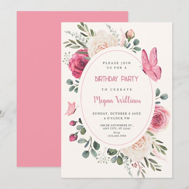 Pink white Watercolor Floral Roses birthday Invitation (Front/Back)