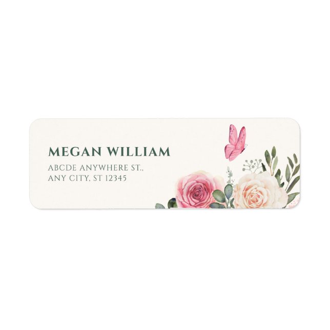 Pink white Watercolor Floral Roses  Label (Front)