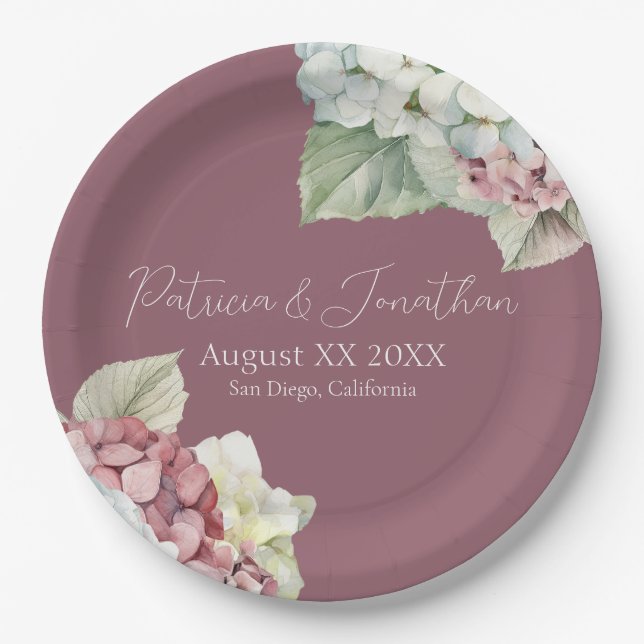 Pink & White Watercolor Hydrangea Flowers on Blush Paper Plates (Front)