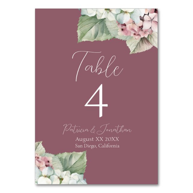 Pink & White Watercolor Hydrangea Flowers on Blush Table Number (Front)