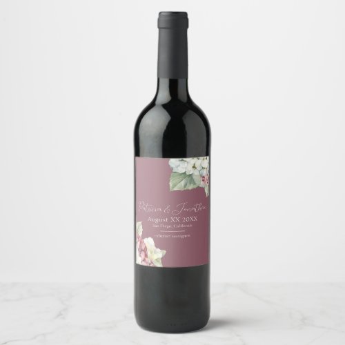 Pink  White Watercolor Hydrangea Flowers on Blush Wine Label