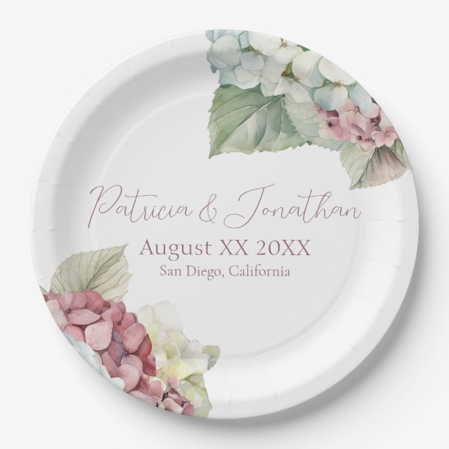 Pink & White Watercolor Hydrangea Flowers Paper Plates (Front)