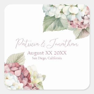 Pink & White Watercolor Hydrangea Flowers Square Sticker