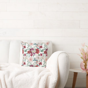 Pink White Watercolor Peonies Daisies Throw Pillow