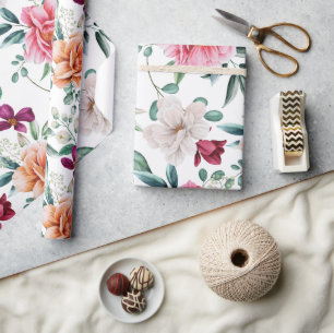 Pink White Watercolor Peonies Wrapping Paper