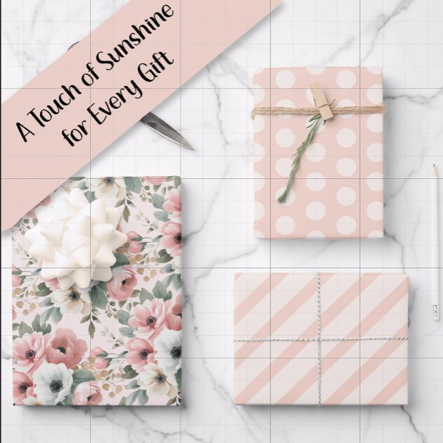  Pink White Watercolor Striped Polka Dots Wrapping Paper Sheets (Pink watercolor floral, pink and cream polka dots, and pink and cream-colored stripes gift wrap)