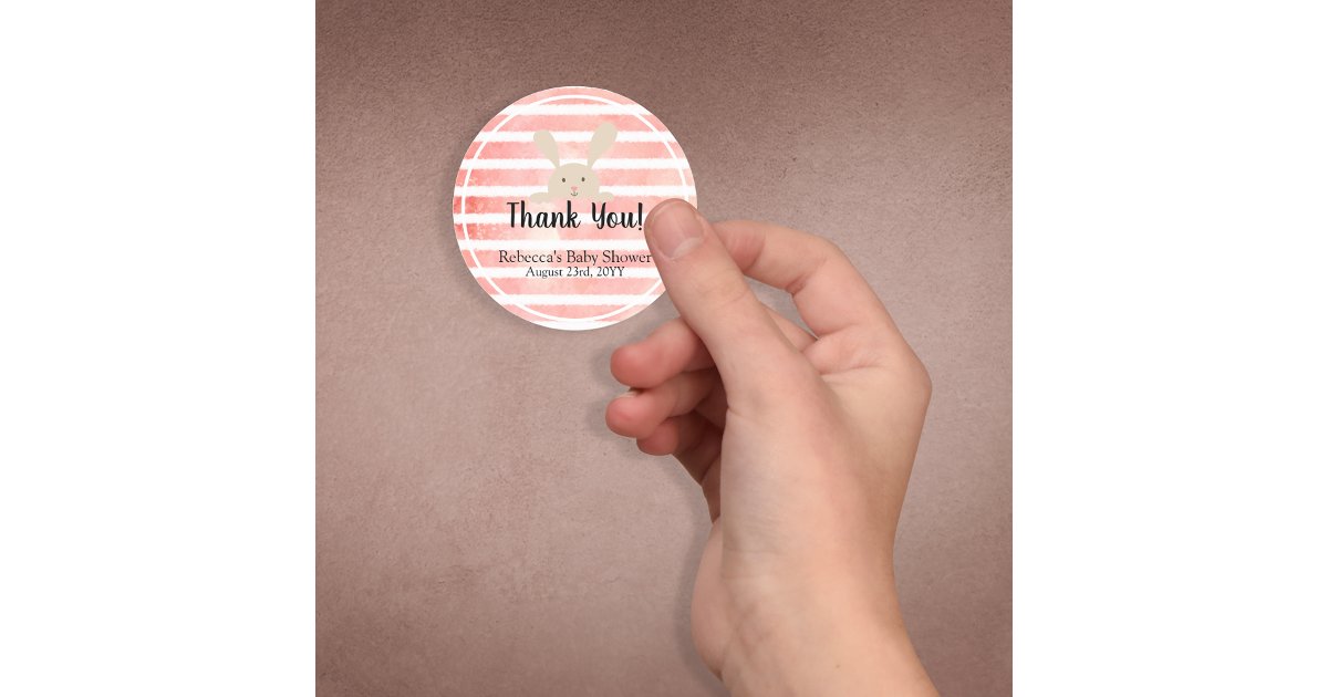 Pink White Watercolor Striped Rabbit Thank You Classic Round Sticker ...