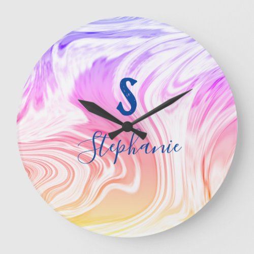 Pink White Wave Abstract Girly Monogram Gift Favor Large Clock