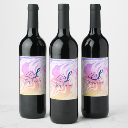 Pink White Wave Abstract Girly Monograms Cute  Wine Label