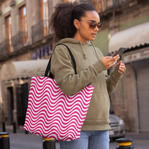 Pink White Wavy Stripes Psychedelic Hypnotic Tote Bag