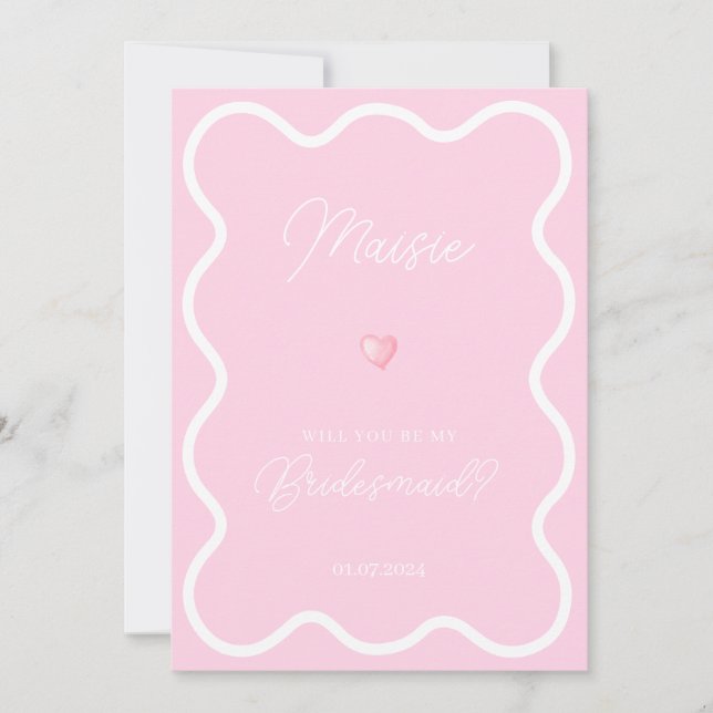 Pink white wavy will you be my bridesmaid proposal invitation (Front)