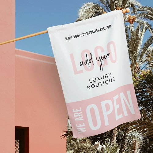 Pink  White We Are Open Salon Boutique Logo Flag