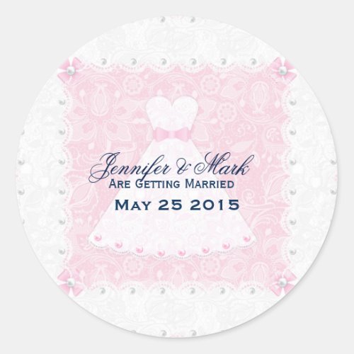 Pink  White Wedding Dress  Vintage Floral Lace Classic Round Sticker