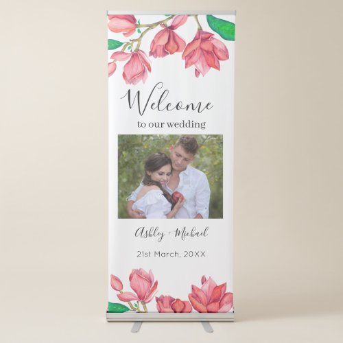 Pink White Wedding Floral Magnolia Retractable Banner