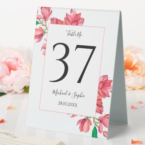 Pink White Wedding Table Number Floral Magnolia Table Tent Sign