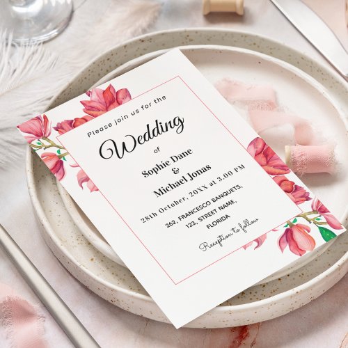 Pink White Wedding Watercolor Magnolia Floral Invitation