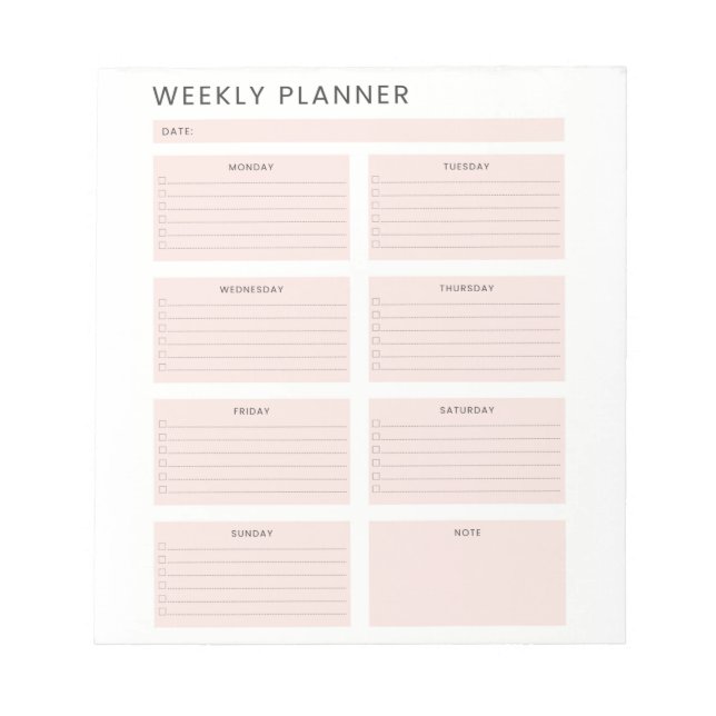 Pink White Weekly Planner Organizer To do List  Notepad (Front)