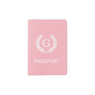 Pink White Wheat Laurel Wreath Initial Monogram Passport Holder