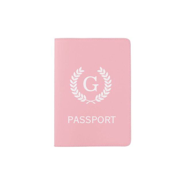 Pink White Wheat Laurel Wreath Initial Monogram Passport Holder (Front)