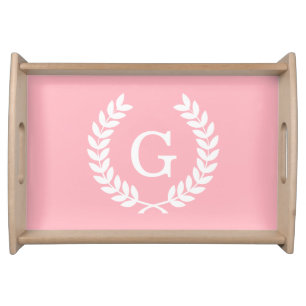 Pink White Wheat Laurel Wreath Initial Monogram Serving Tray